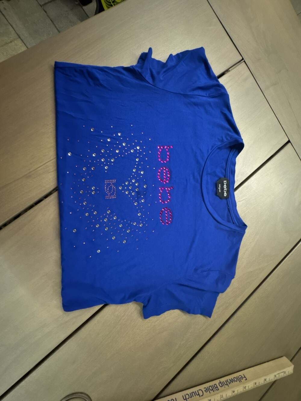 bebe Rhinestone Embellished Logo Blue Short Sleeve T-Shirt Size M